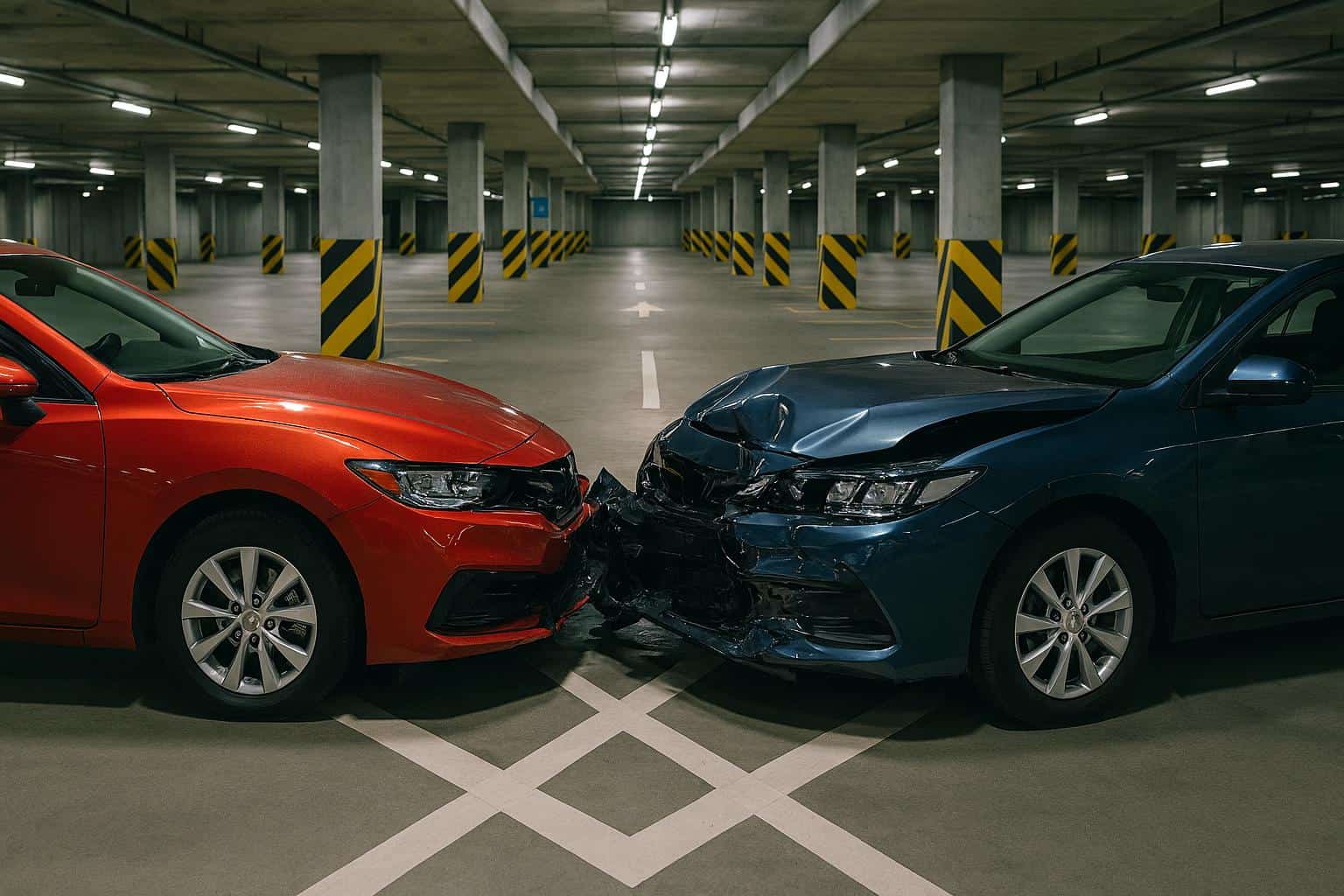 Zwei Autos nach Frontalzusammenstoß in Tiefgarage