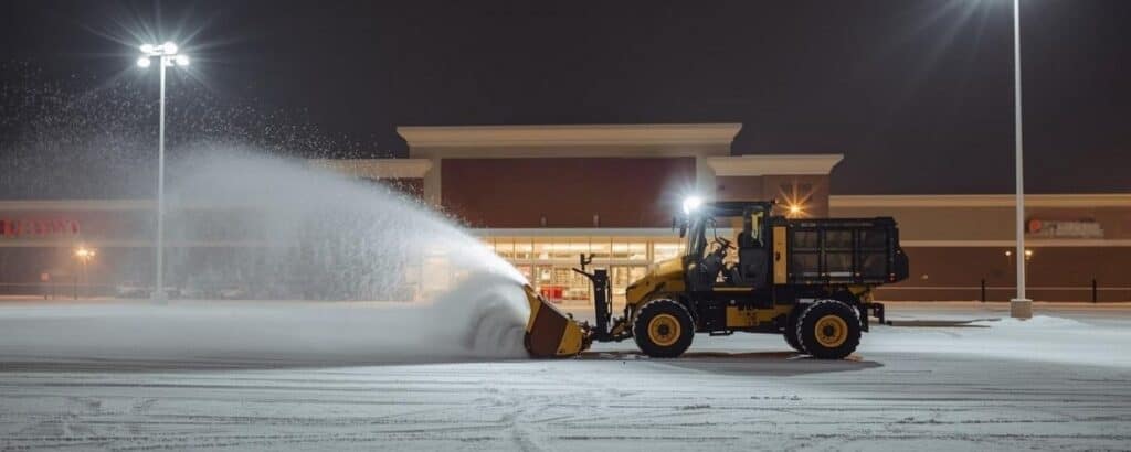 Schneepflug räumt nachts Einkaufszentrum-Parkplatz