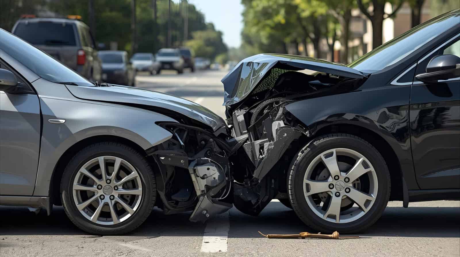 Frontalzusammenstoß zweier Autos auf Straße.