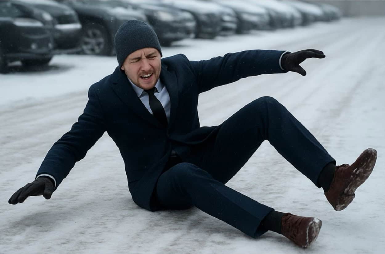 Mann rutscht auf schneegefrorener Oberfläche aus.