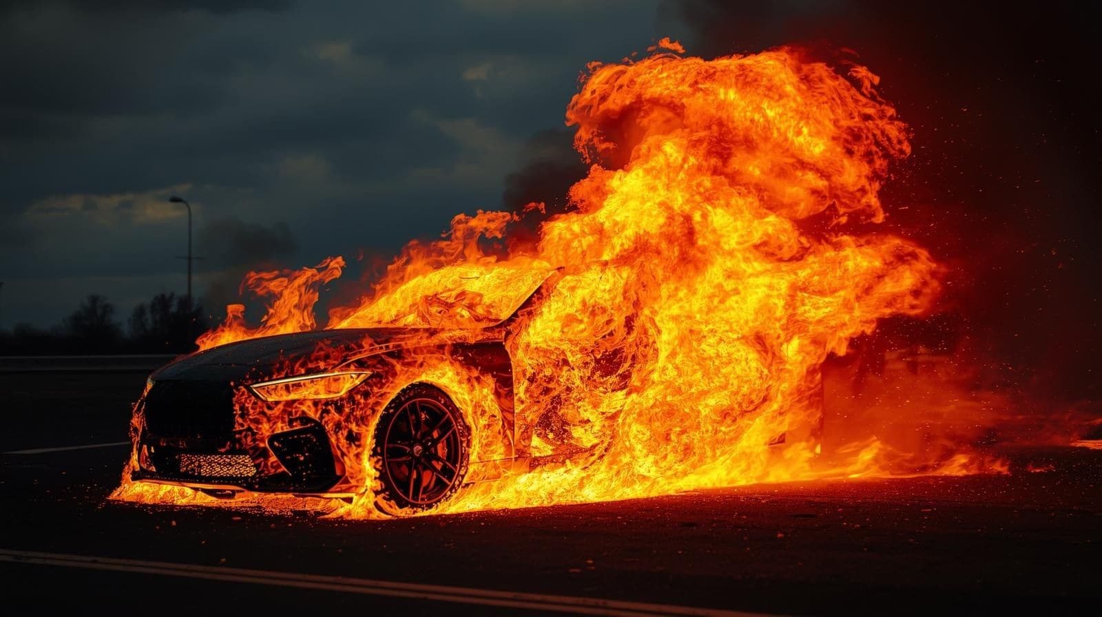 Brennendes Auto in Flammen auf der Straße.