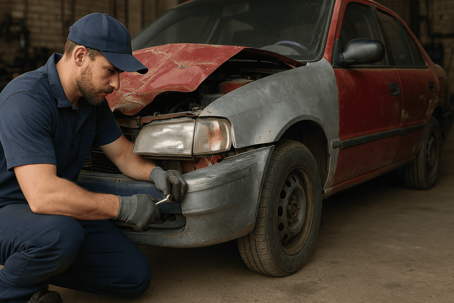 Mechaniker repariert beschädigtes Auto in Werkstatt.