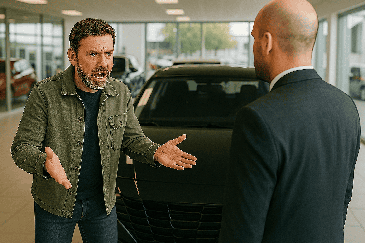 Verärgerter Kunde diskutiert mit Verkäufer im Autohaus