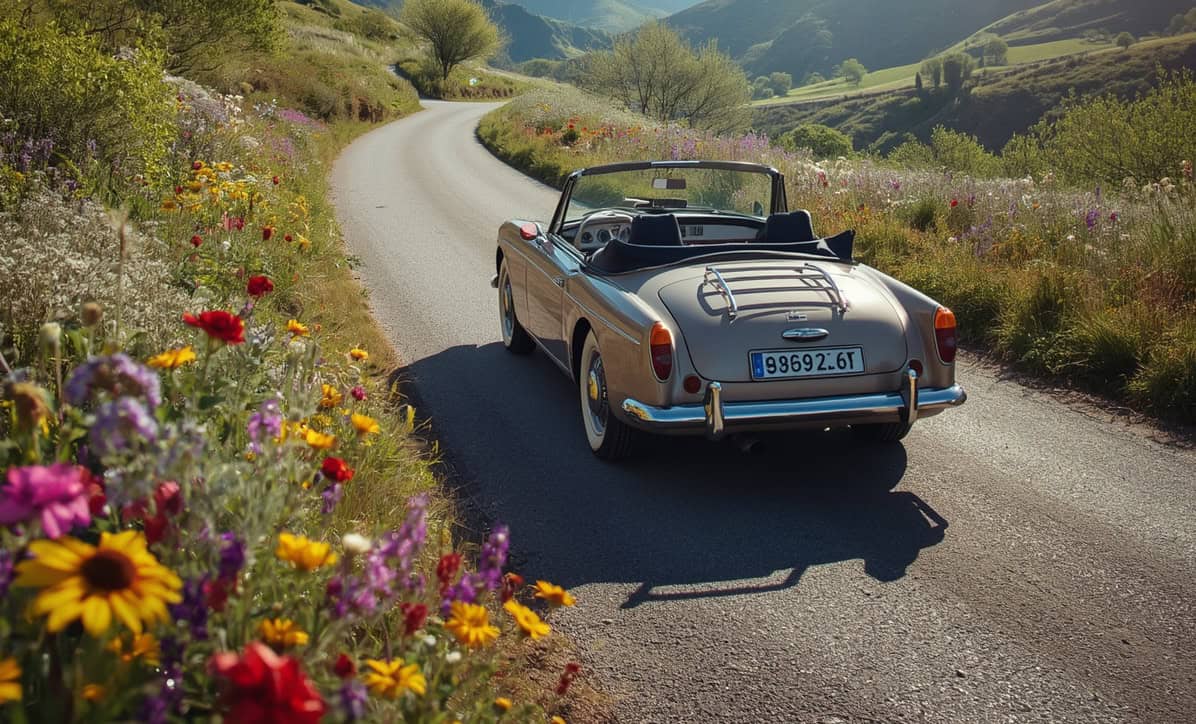 Klassisches Cabrio auf kurviger Landstraße mit Blumen