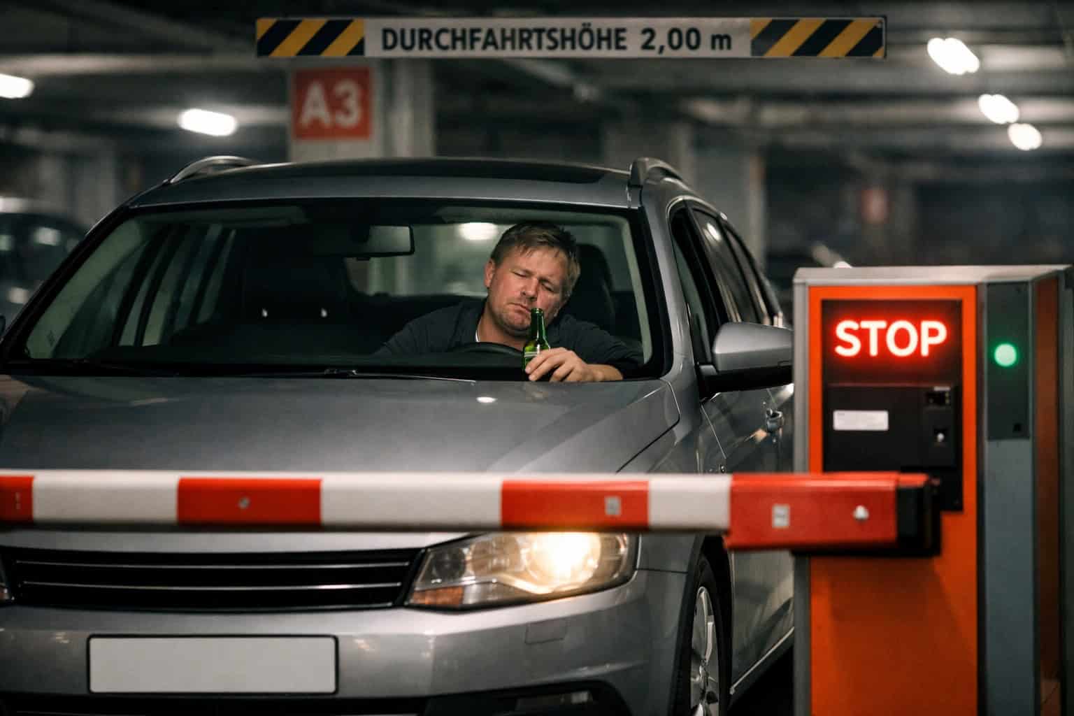 Mann mit Bierflasche im Auto vor Schranke
