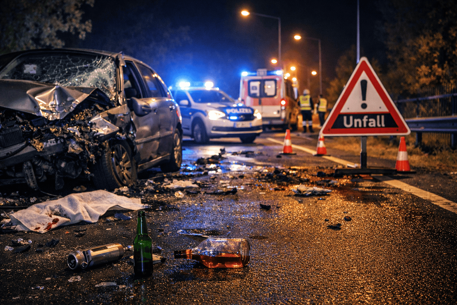 Schwerer Autounfall mit Personenschaden bei Nacht mit Polizeieinsatz