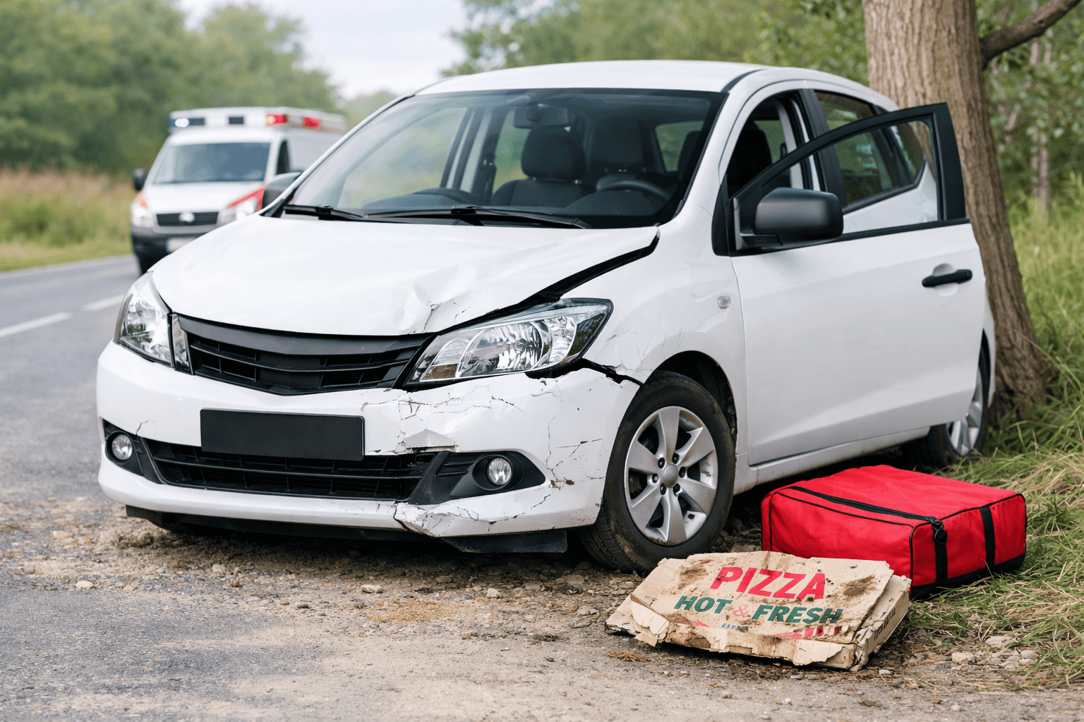 Beschädigtes Auto nach Unfall am Straßenrand