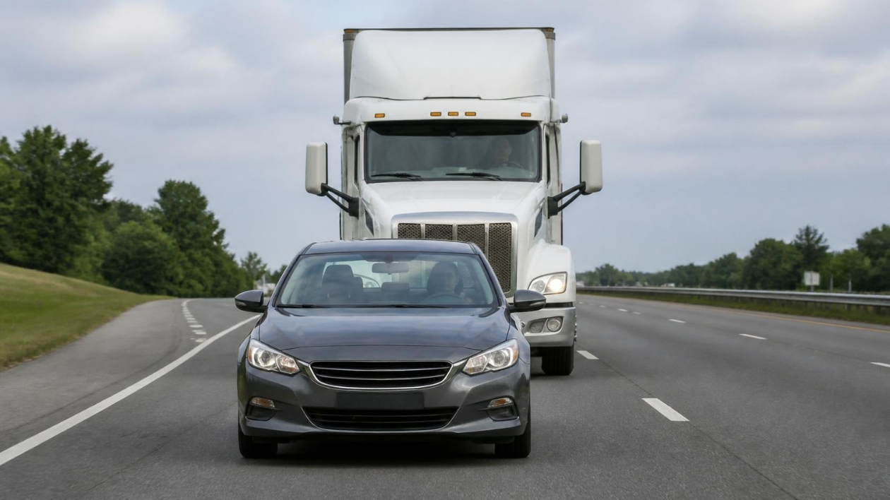 Auto vor dicht folgendem LKW auf Autobahn