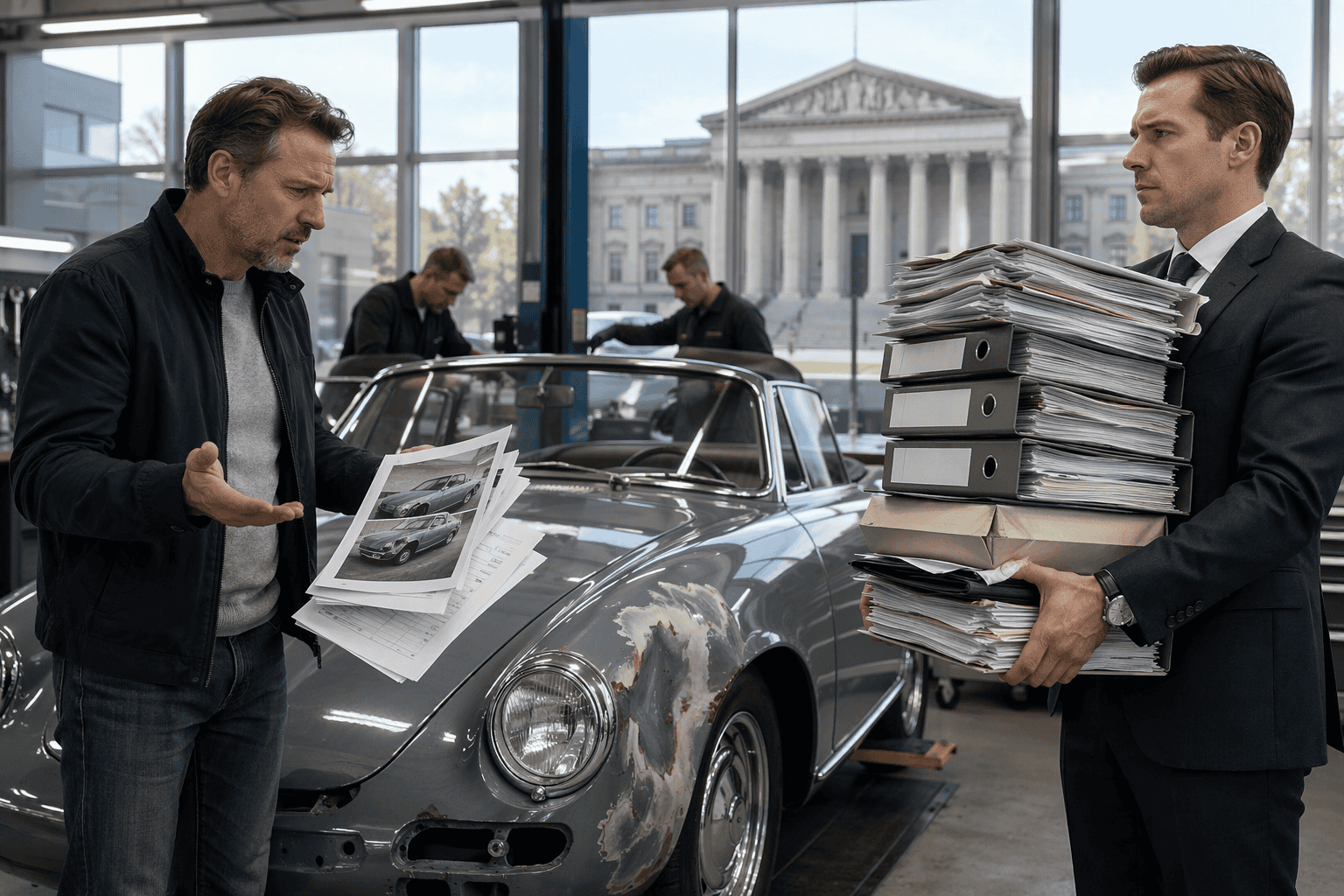 Mann mit Akten vor Oldtimer in Werkstatt