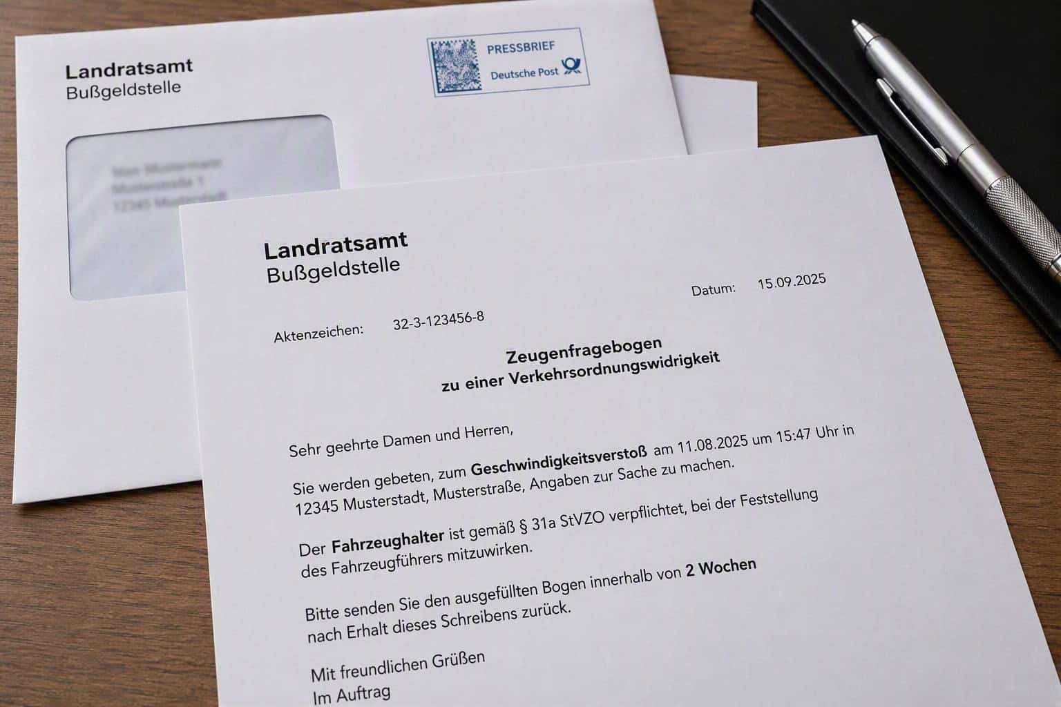 Bußgeldbescheid vom Landratsamt auf Schreibtisch