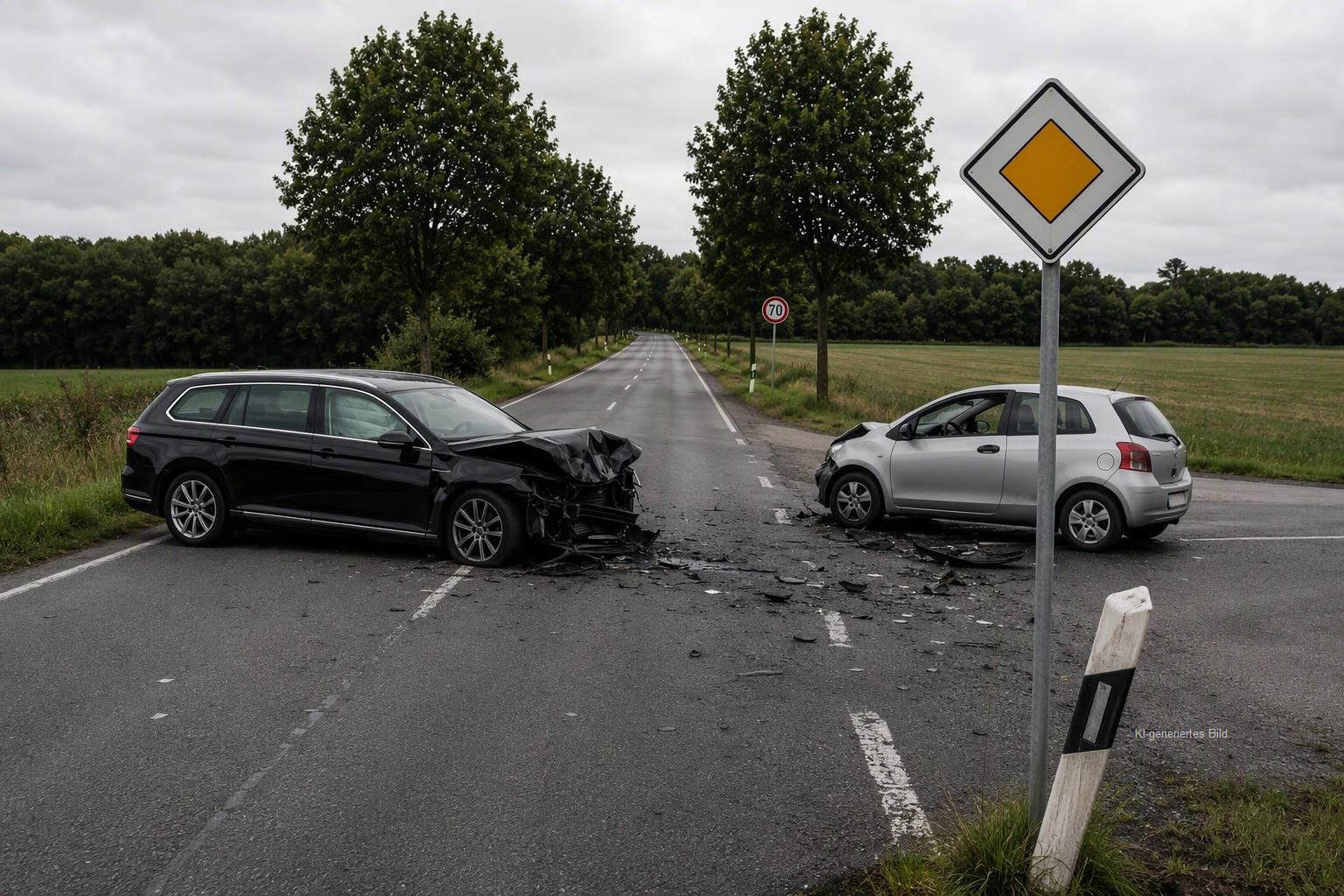 Zwei beschädigte Autos nach Unfall auf Landstraße