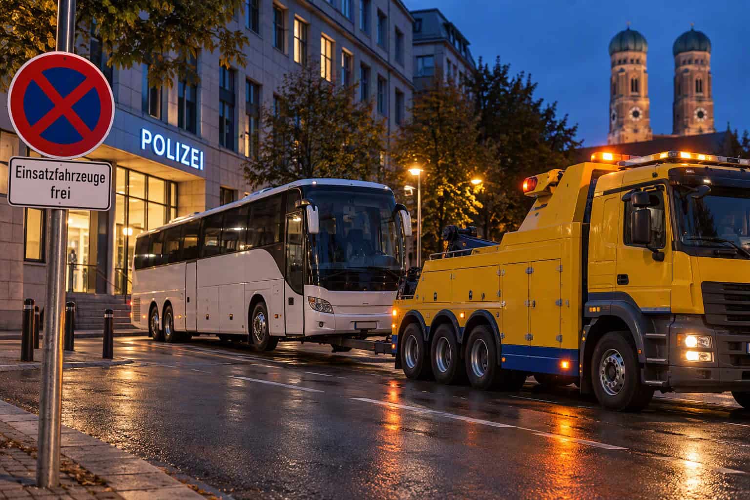 Abschleppwagen zieht Reisebus vor Polizeigebäude in München