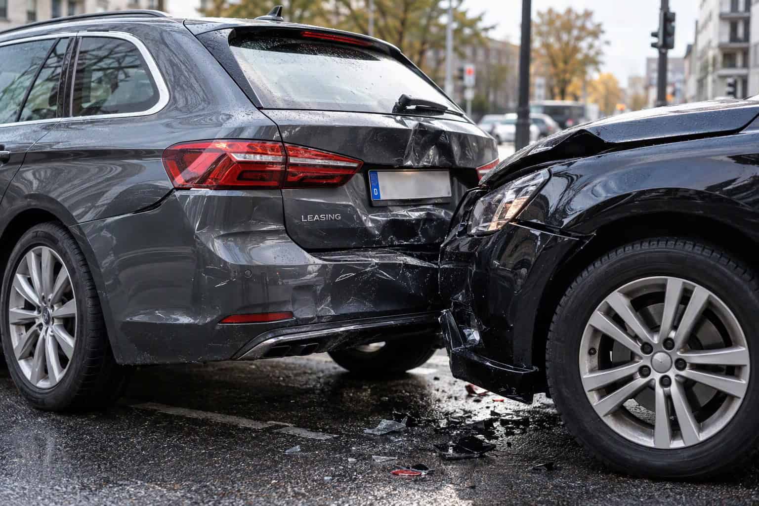 Auffahrunfall zweier beschädigter Autos auf nasser Stadtstraße