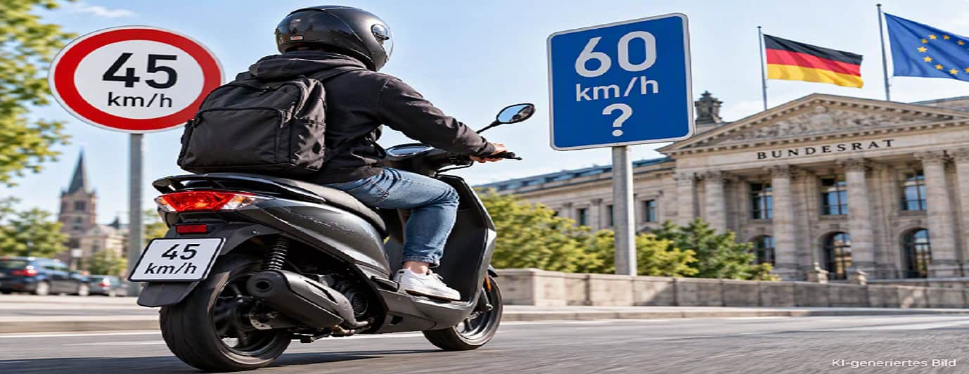 Rollerfahrer vor Bundesrat mit Tempo-45- und 60-Schildern