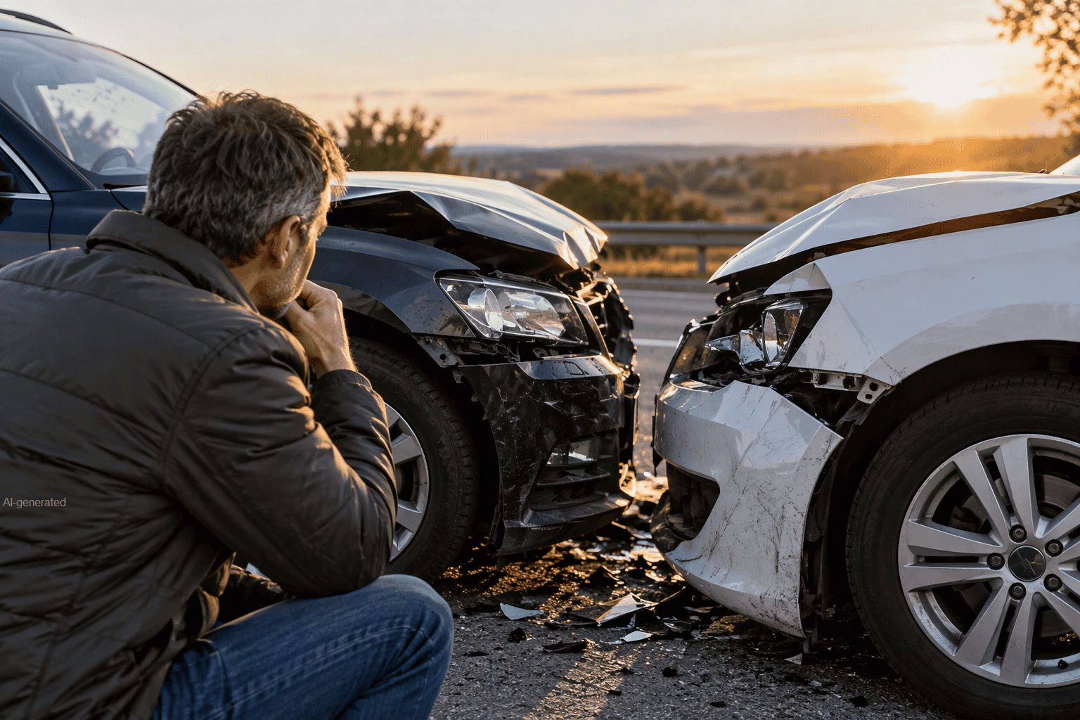 Mann betrachtet beschädigte Autos nach Frontalzusammenstoß bei Sonnenuntergang
